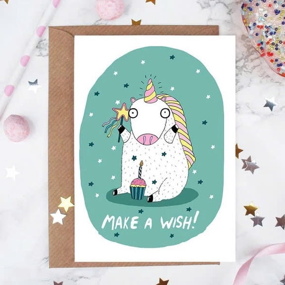 Funny Unicorn Birthday Card "Make a Wish!" Cute Design with Cupcake Blank Inside, Envelope Included Perfect for Friends, Kids, and Celebrations