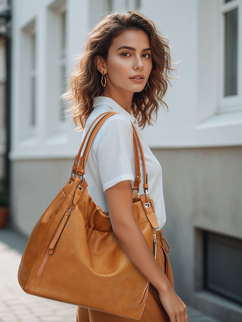Capamaster Slouchy Hobo Handbag for Women, Soft Faux Leather Shoulder Purse with Top Handles and Front Zipper Pockets, Brown