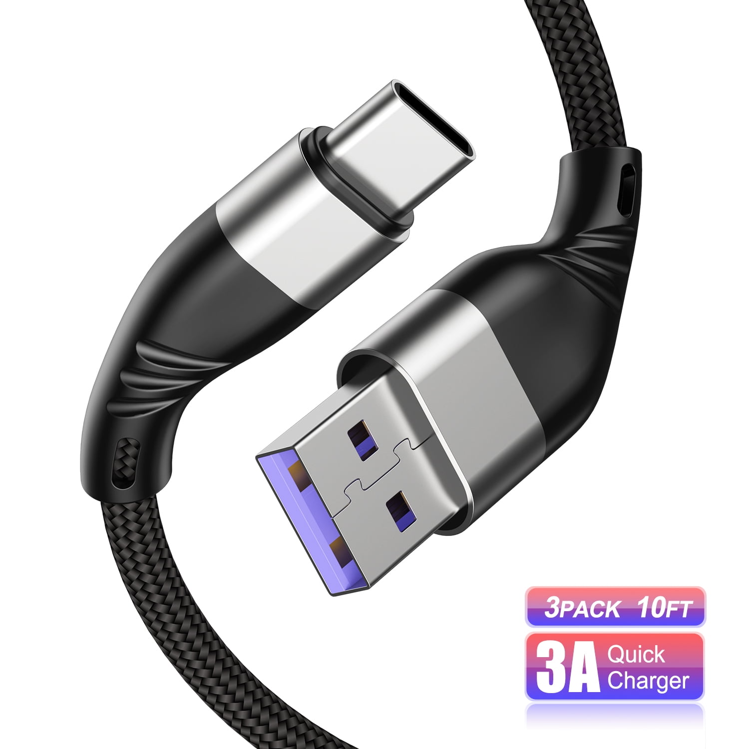 USB Type C Cable Fast Charging, Ailawuu 3pcs 10ft USB-C Type-C Data Sync Charger Charging Cable Braided Cord Fit for Samsung S20 S10 S8 Plus, LG, Sony, HUAWEI