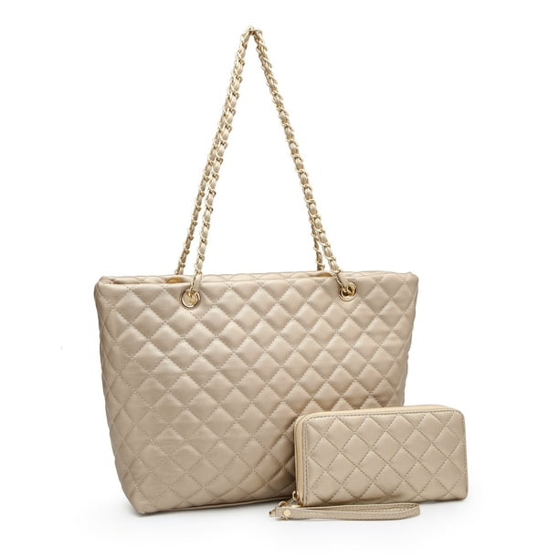 POPPY Women's Quilted Shoulder Bag & Wallet Set Vagan Leather Strap Tote Purse 2PCS-Champagne - Walmart.com