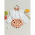 thumbnail image 2 of Arvbitana Infant Baby Girls Halloween Clothes Doll Collar Long Sleeve Pumpkin Print Patchwork Romper + Bow Headband Newborn Bodysuits 6M 12M 18M 24M, 2 of 8