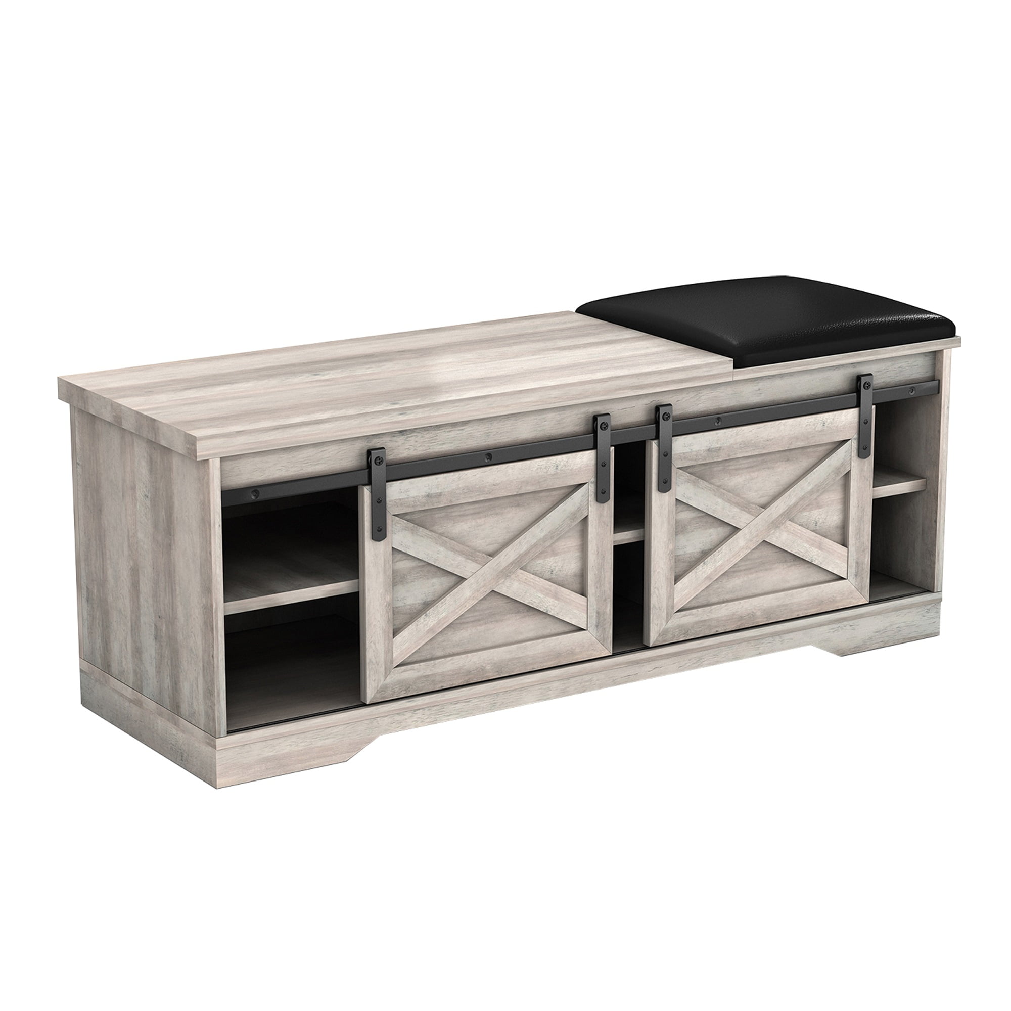 Kepooman Modern Farmhouse Sliding X Barn Door Litterbox Bench with Entry Cutout for Living Room, Grey Shoe Bench Kepooman Modern Farmhouse Sliding X Barn Door Litterbox Bench with Entry Cutout for Living Room, Grey Shoe Bench