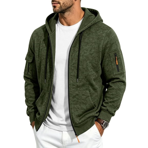 FENGYOU Mens Heavyweight Fleece Lined Zip Up Hoodie Loose Fit Hooded Sweatshirt Multi Pocket Casual Jacket Outerwear Army Green L