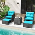 thumbnail image 1 of Costway 5 Piece Patio Rattan Furniture with 2 Ottomans & Tempered Glass Coffee Table Turquoise + Mix Gray, 1 of 10