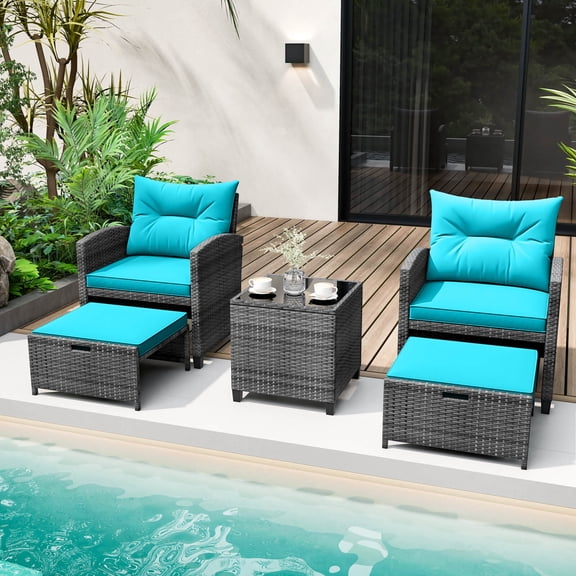 Costway 5 Piece Patio Rattan Furniture with 2 Ottomans & Tempered Glass Coffee Table Turquoise Mix Gray
