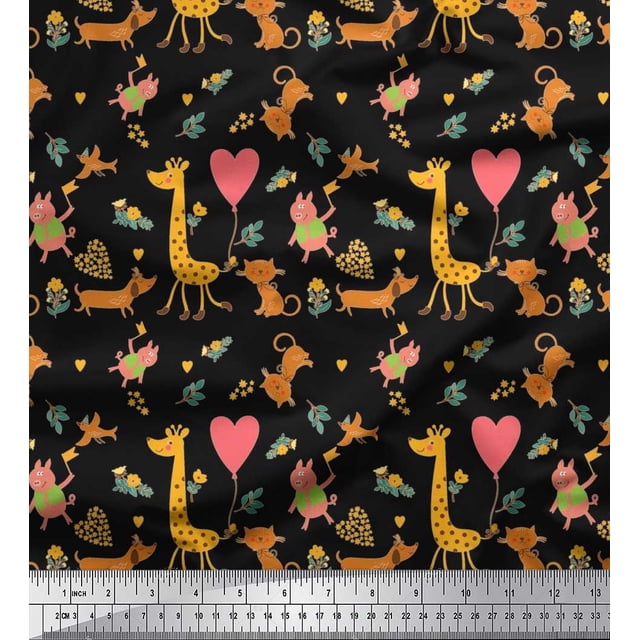 Soimoi Modal Satin Fabric Balloon,Floral & Cute Animals Cartoon Printed Fabric 1 Yard 42 Inch Wide