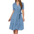 thumbnail image 1 of Vestido camisero de cambray para mujer, manga corta, con botones, cintura con lazo, cuello en V occidental, vestidos de mezclilla Azul claro XS, 1 of 5