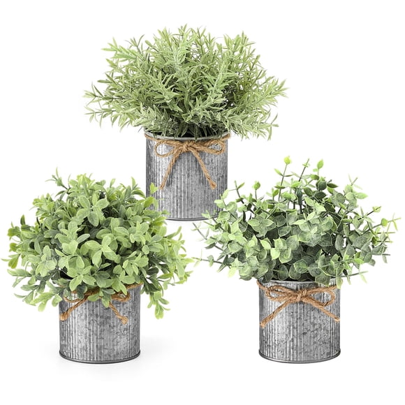 Plantas artificiales Mono Eucalyptus, paquete de 3 con macetas galvanizadas
