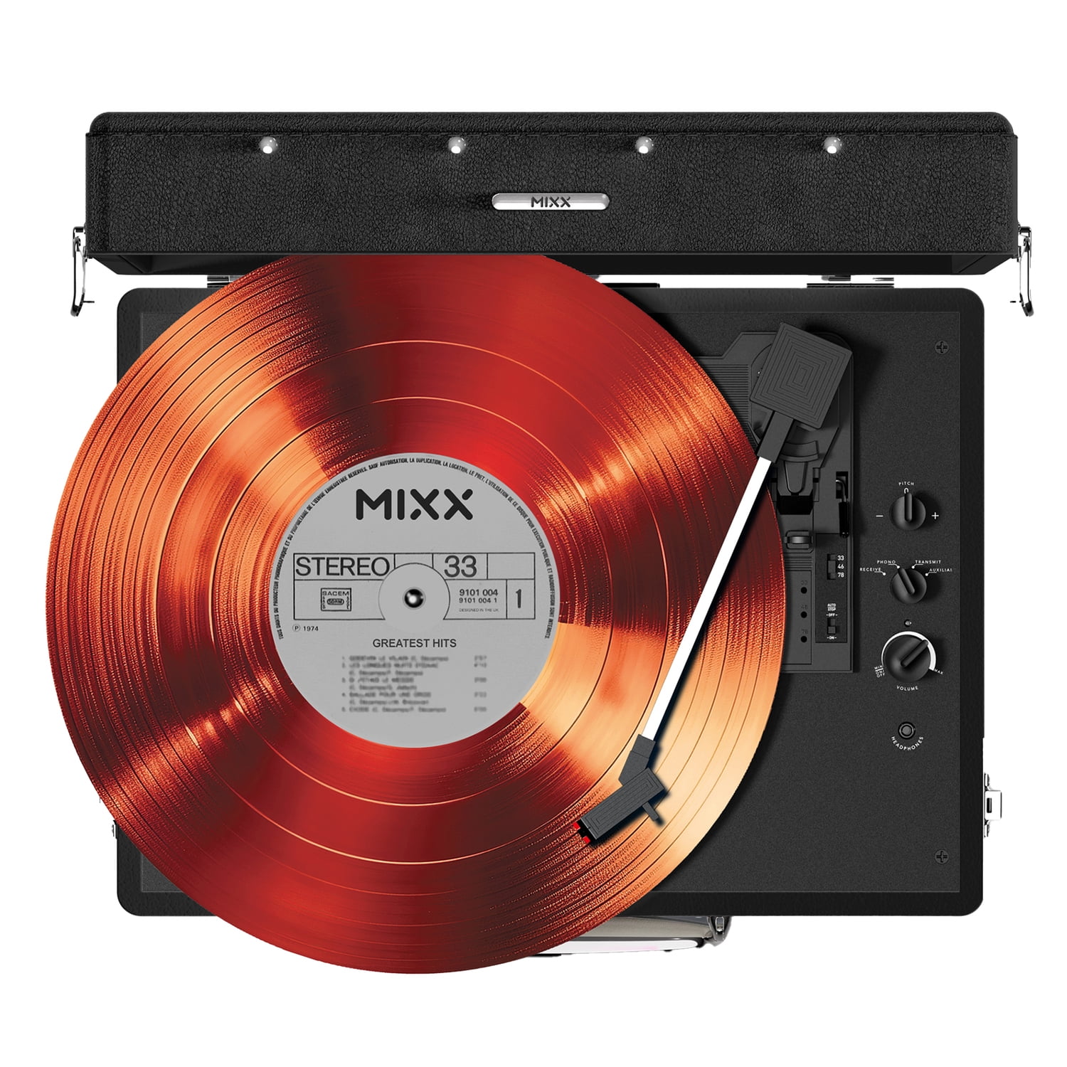 Mixx Revival 55 - Portable Suitcase Vinyl Record Player with Built-in Stereo Speakers, Bluetooth Input & Output, 33 1/3 & 45 RPM Speeds with Adapter, Retro Style, Black, USRP-55-BK-048