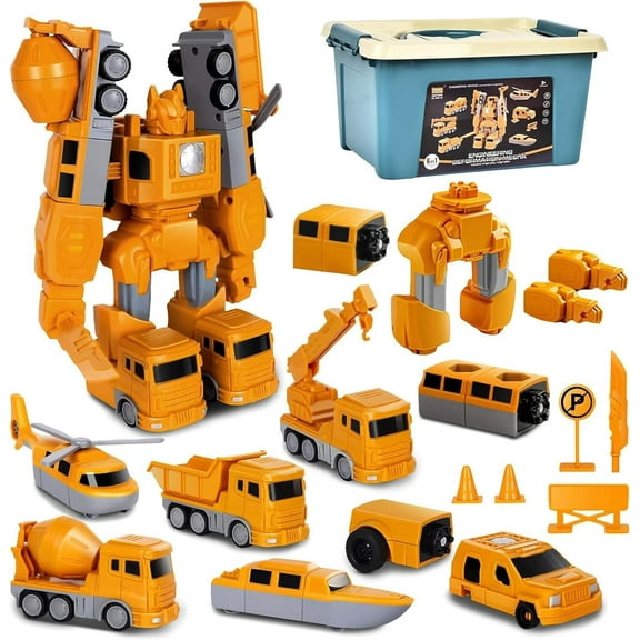 RimdGhov Magnetic Transformable Construction Vehicle Robot Toy Set - DIY Building Blocks with Storage Box, Educational Creative Toys for Boys & Girls Aged 3-9