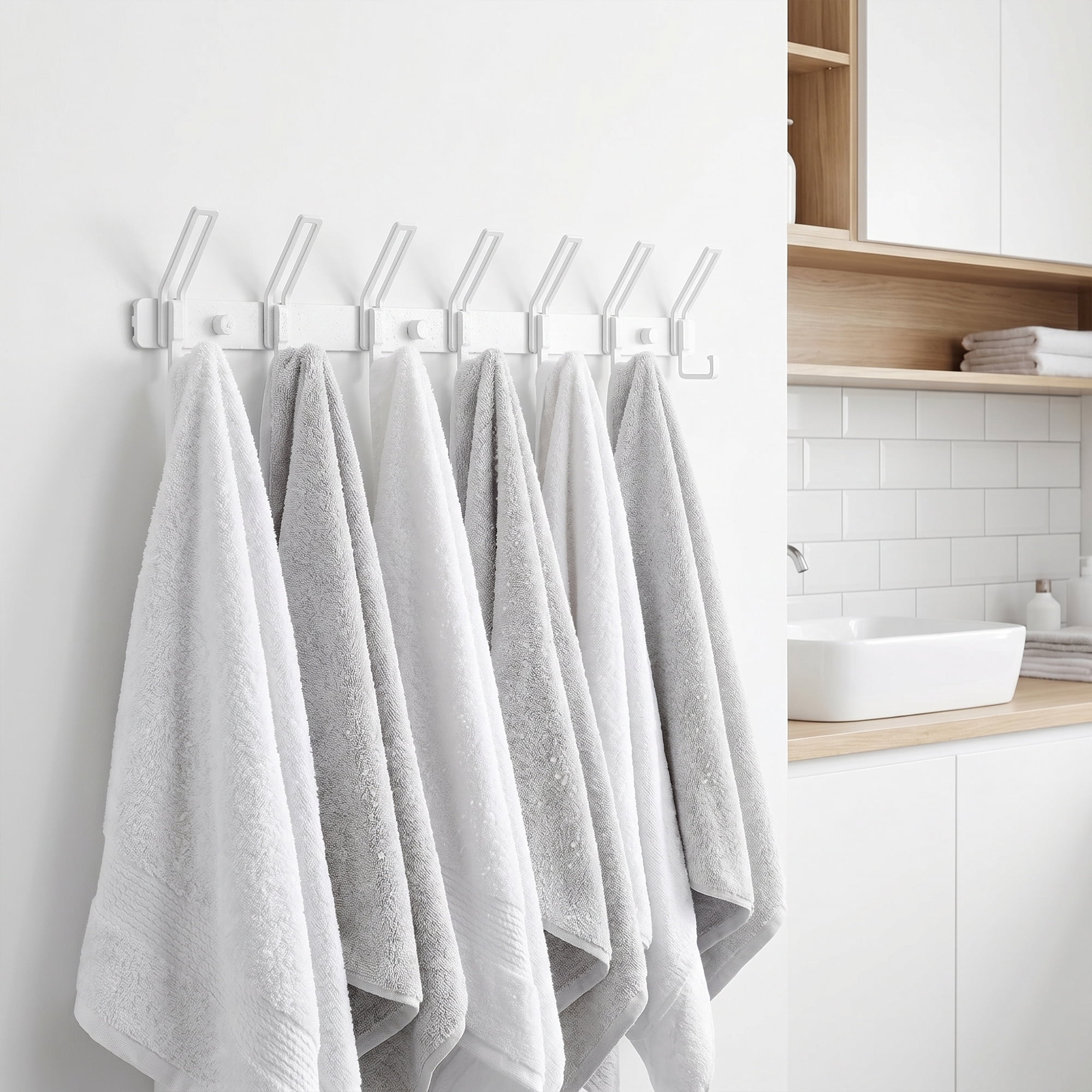 Unique Bargains Wall Mount Coat Rack Hook for Bathroom Organization White 7 Hooks