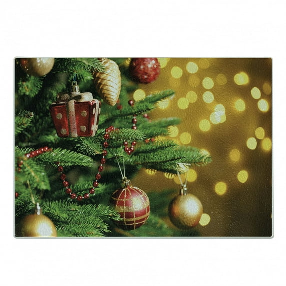 Christmas Cutting Board, Close up Composition Christmas Tree Branches Blurred Backdrop Picture, Decorative Tempered Glass Cutting and Serving Board, Small Size, Amber Green Red, by Ambesonne