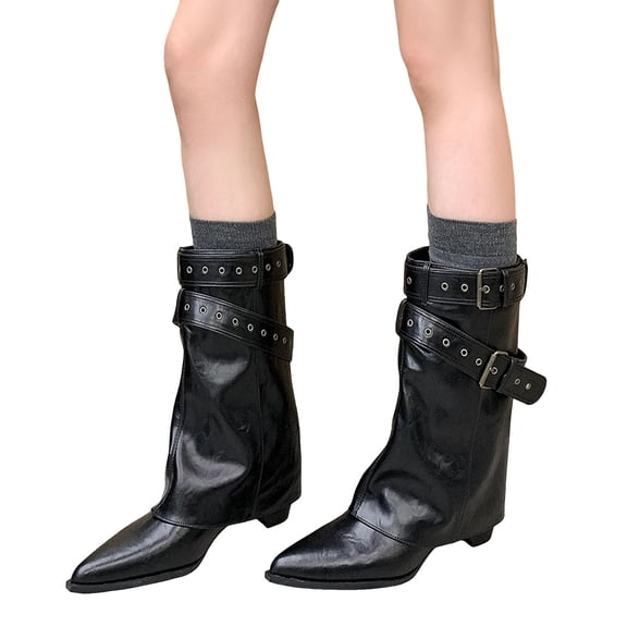 Dakaela Women's Fold over Boots Pointy Toe Mid Calf Cowboy Western Booties Buckles Pull on Dressy Winter Riding Shoes Black 4.5