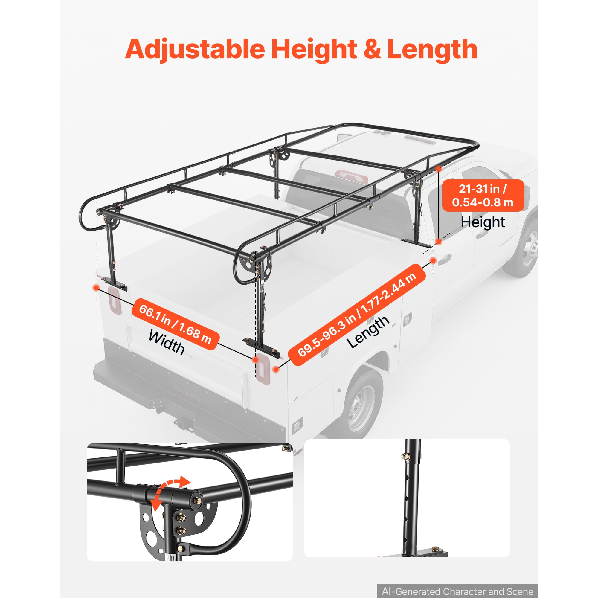 KFFKFF Adjustable Service Body Truck Ladder Rack with 1000 lbs Capacity, Over-Cab Design, 21"-31" Height Range, Compatible with Single/Dual Rear Wheel Utility Trucks, Durable Steel Construction
