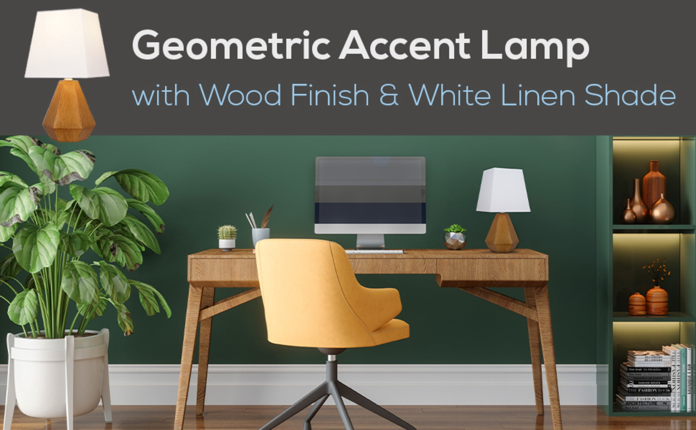 Catalina Lighting Geometric Table Lamp, 13.5 in, Natural Finish Look with White Fabric Shade