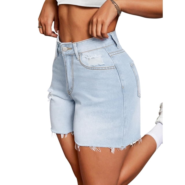 Shorts de jean para mujer IWD de mezclilla rasgados de tiro alto