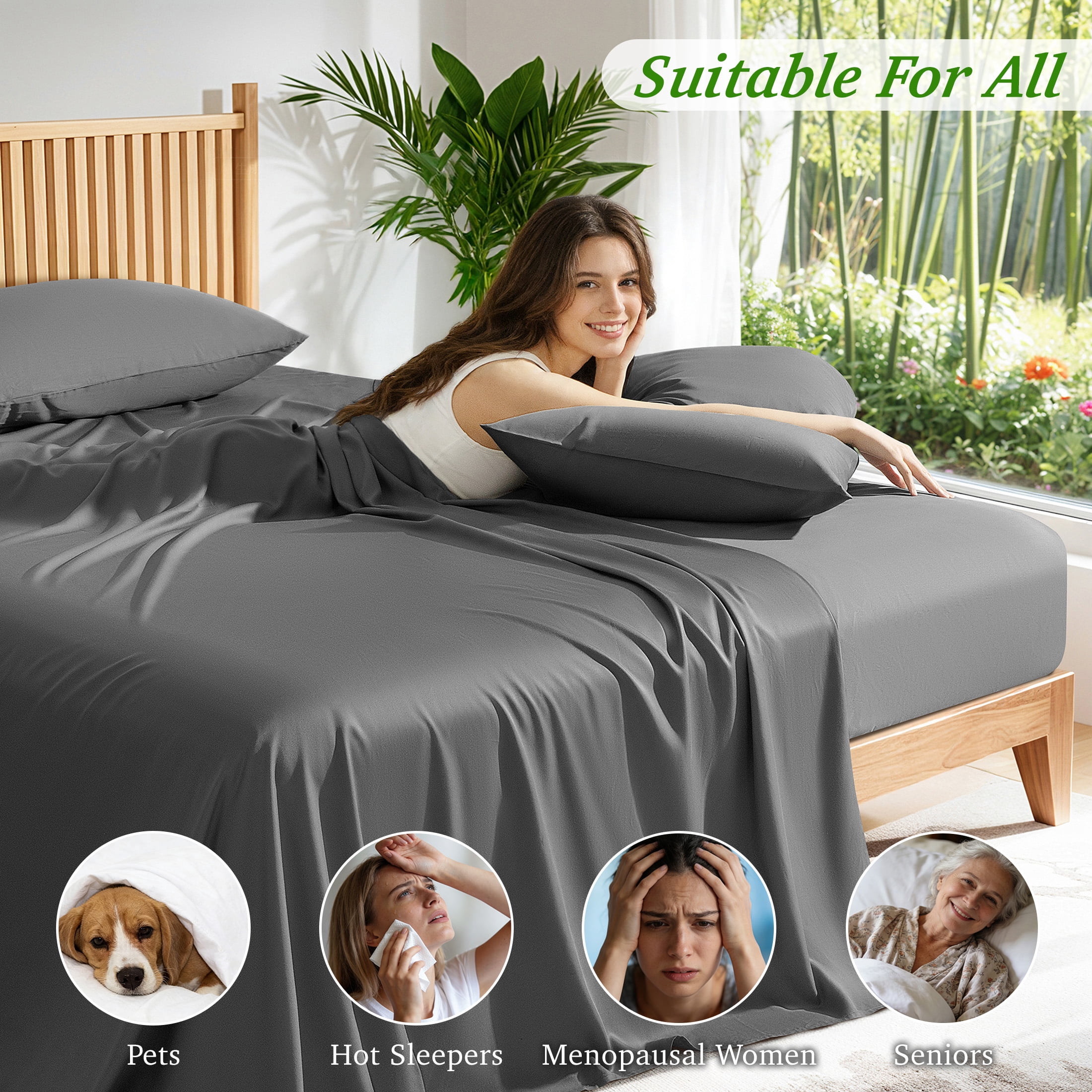 AiAngu Bamboo Full Sheet Set, Luxury Soft 4 Pieces Bed Sheets with 18" Deep Pocket, Dark Gray