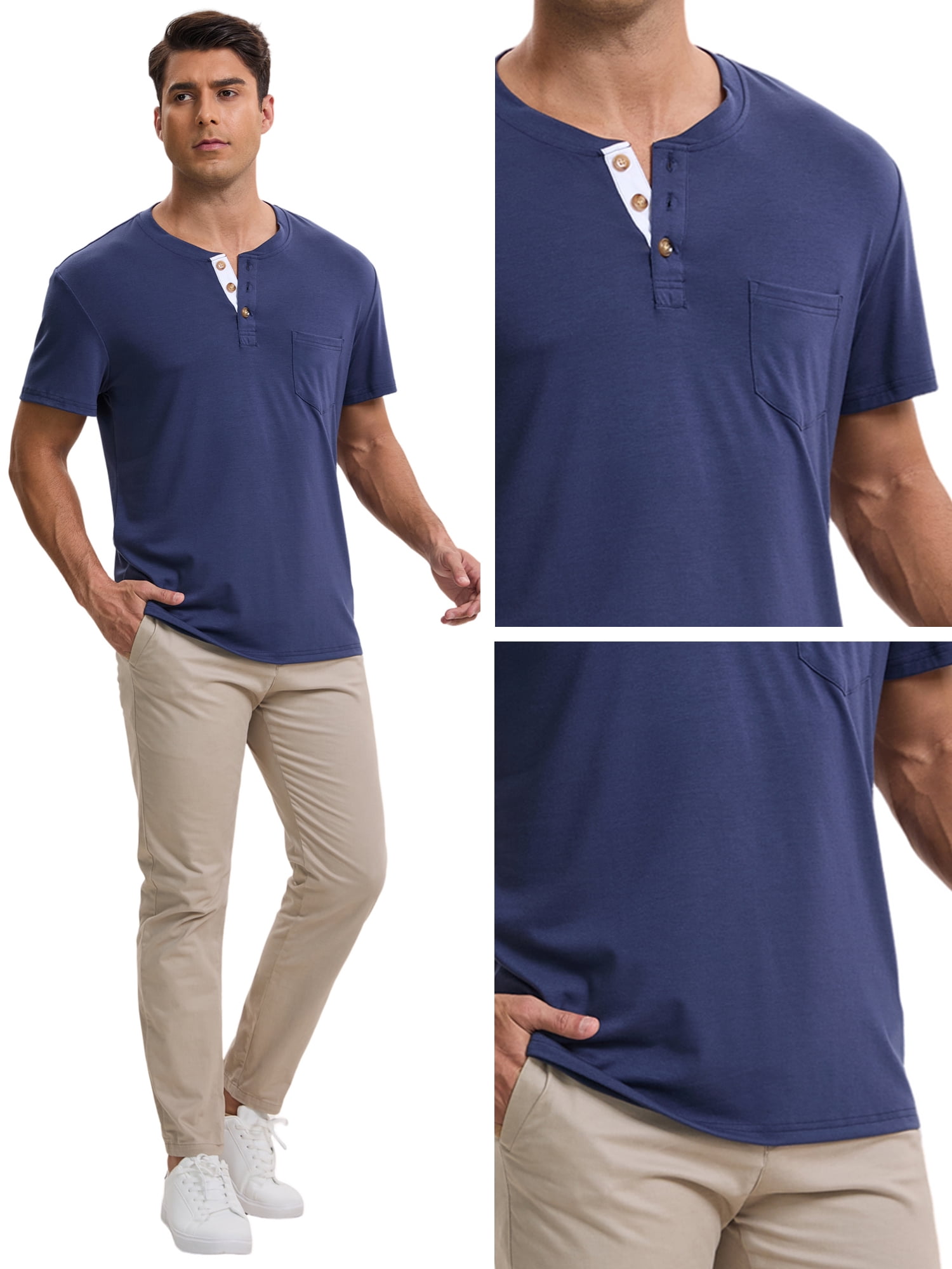 DARING DIVA Men's Casual Summer Short Sleeves Button Henley Basic Tee M Blue