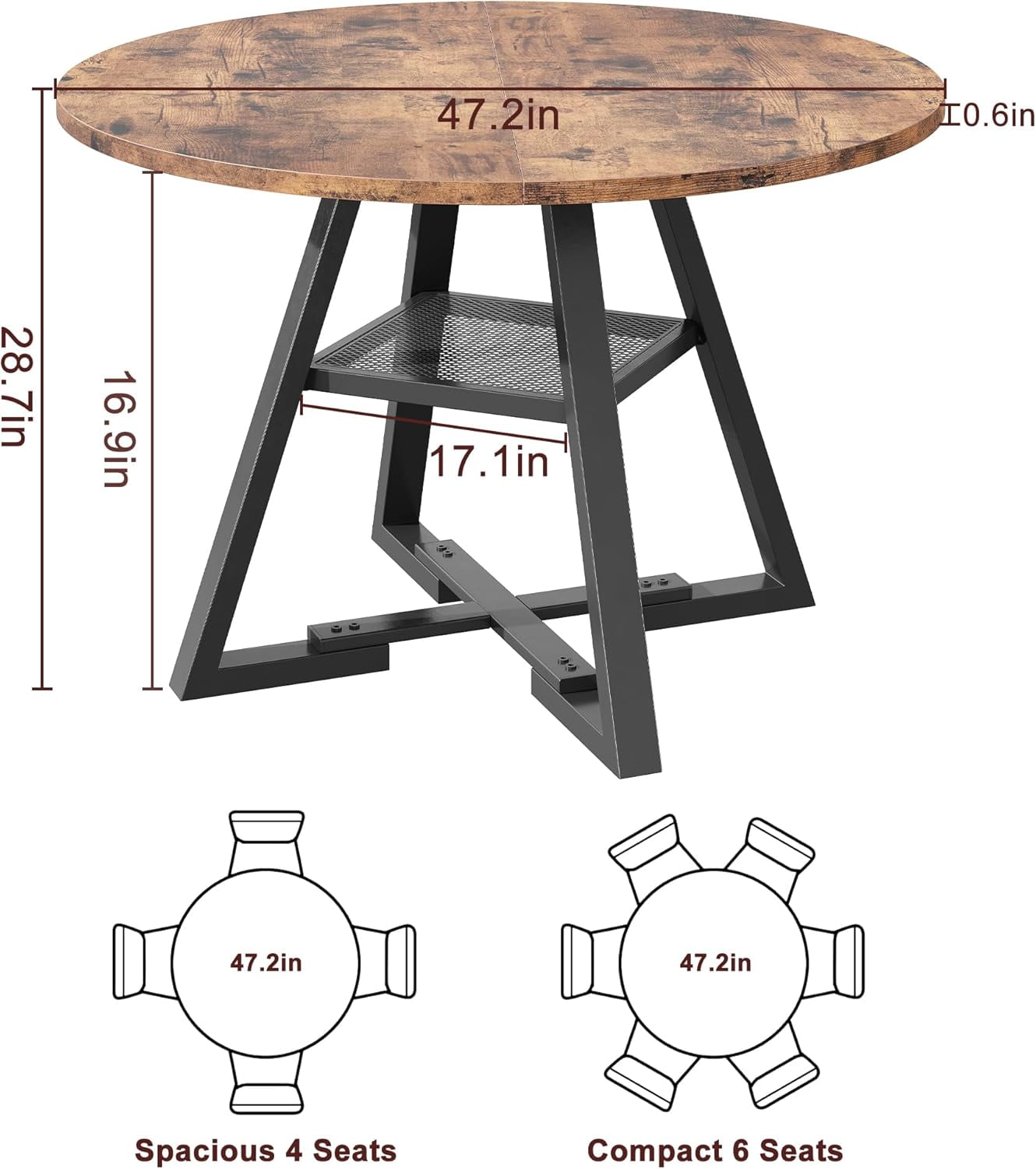 Cocosity 47 inch Wood Kitchen Table for 4, Round Dining Table with Storage Shelf for Home Dining Room Living Room Brown