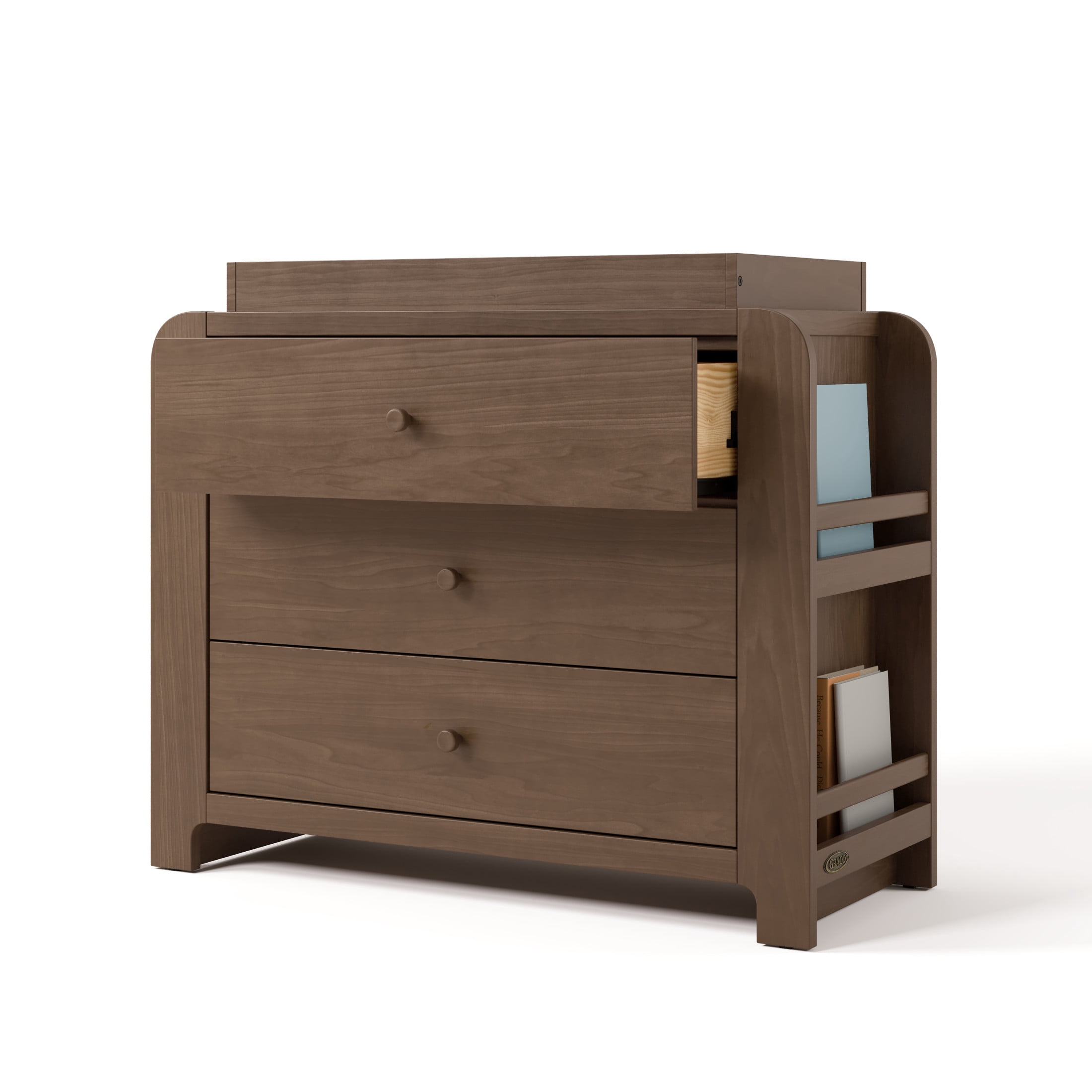 Graco Read-with-Me 3 Drawer Chest with Bookshelves and Removable Infant Changing Topper, Hazelnut