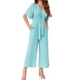 thumbnail image 4 of Summer V-neck Womens Wide Leg Jumpsuits Short Sleeve Tie Knot Front Long Romper, 4 of 6