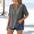thumbnail image 5 of Xdegoge Casual Boho Women Short Sleeve Tunic Tops Cotton Linen V Neck Button Down Embroidered Shirts Flowy Loose Fit Summer Blouse Vacation Work Everyday Wear, 5 of 7