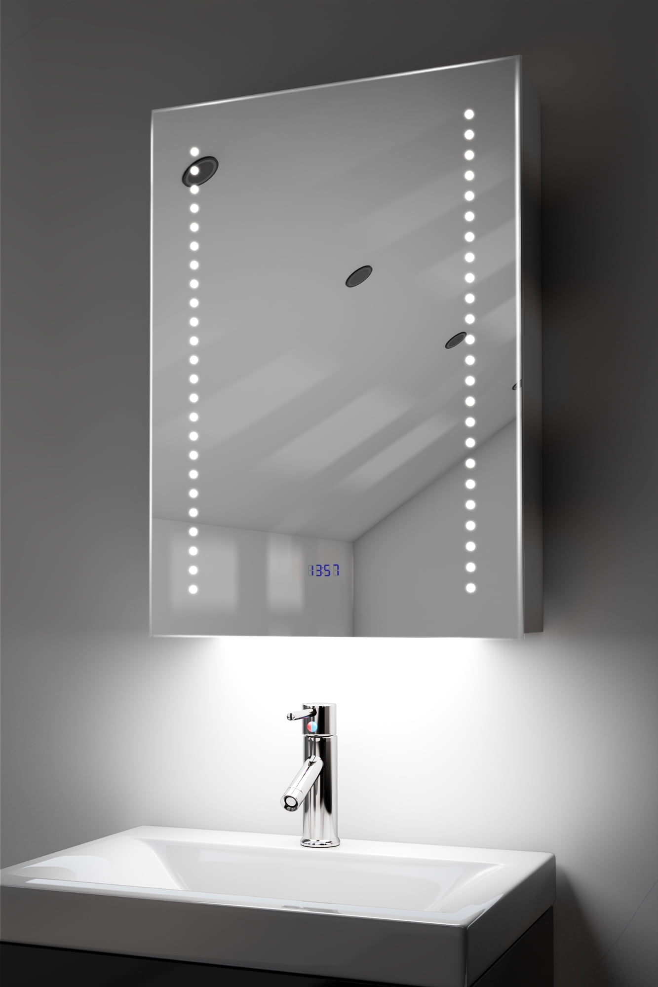 Clock Bathroom Mirror With LED Under Lighting, Demister, Sensor