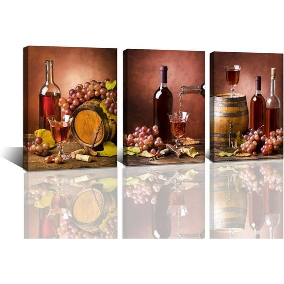 -3 Pieces Kitchen Wall Decor Red Wine Cups HD Modern Framed Wall Art Drink Food and Beverage Restaurant Canvas Prints Pictures Paintings Wine Glass Barrel for Dining Room