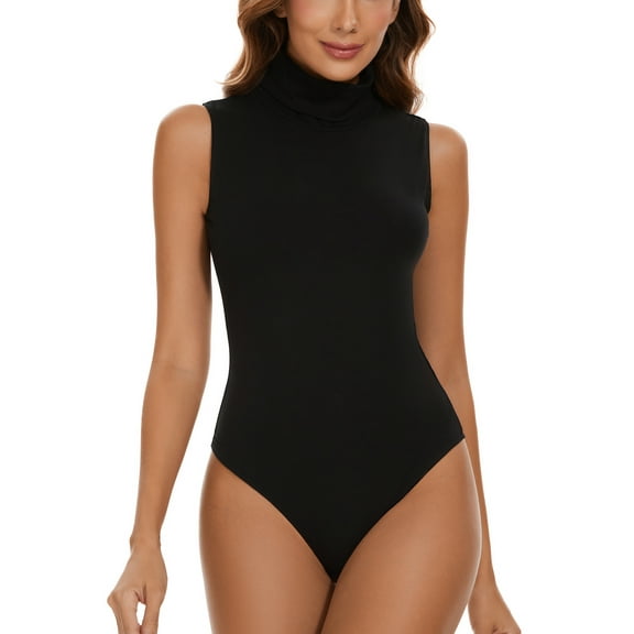 Qric Women's Sleeveless Mock Turtle Neck Bodysuit Soft Slim Fit Stretchy Basic Layer Tank Top Classic Jumpsuit Leotard S-XXL