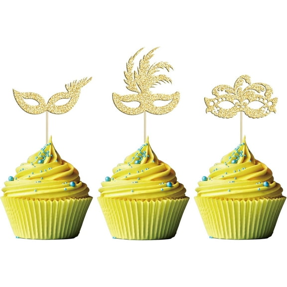 12pcs Masquerade Masks Cupcake Toppers Gold Glitter Bachelorette Party Mask Cupcake Food Fruit Picks Masquerade Mardi Gras Party Baby Shower Birthday Party Cake Decorations