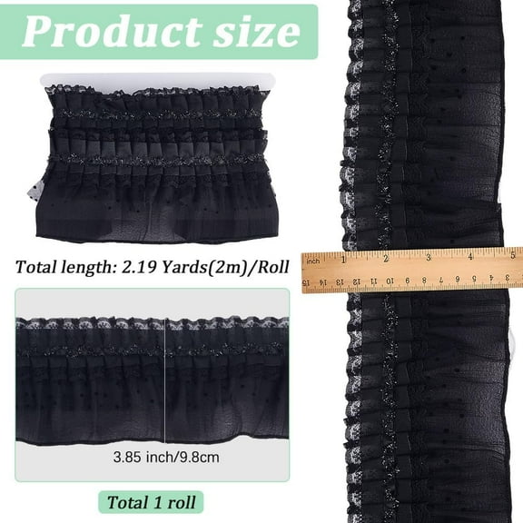 2.2 Yards x 3.85 inch Ruffle Lace Trim 2 Layer Pleated Fabric Gathered Embroidered Sewing Lace Applique Edge Trimmings for Curtains Wedding Dress Costume Pillowcase Embellishments Black