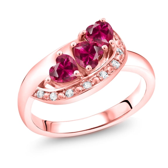 Gem Stone King 18K Rose Gold Plated Silver Red Created Ruby and White Created Sapphire Engagement Ring for Women (0.96 Cttw, Gemstone July Birthstone, Heart Shape 4MM, Size 5)