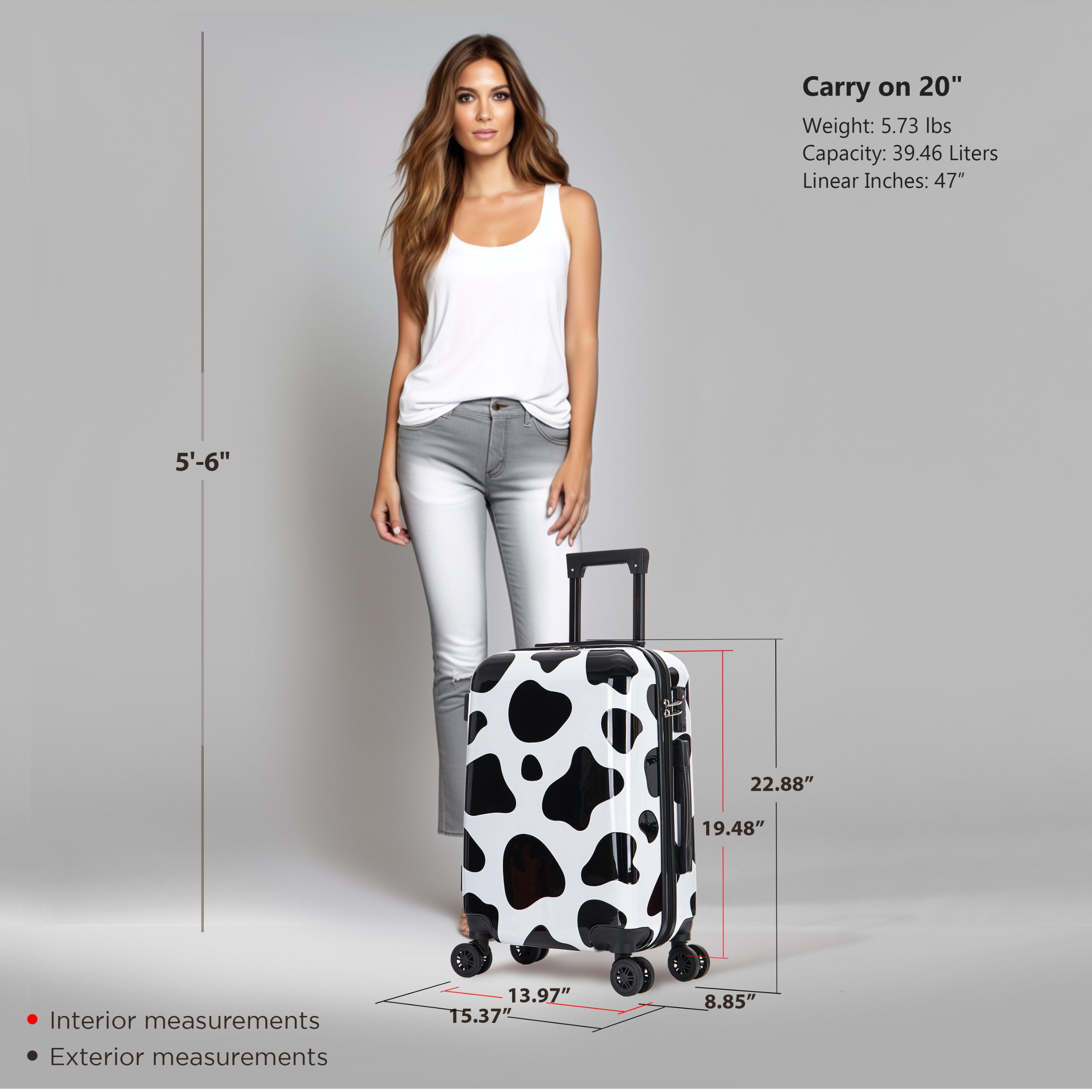 InUSA Print 20" Hardside Checked Luggage with Spinner Wheels, Handle and Trolley, Cow