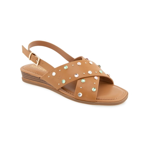 Kensie Women's Alishia Gem Crossband Wedge Flat Sandal