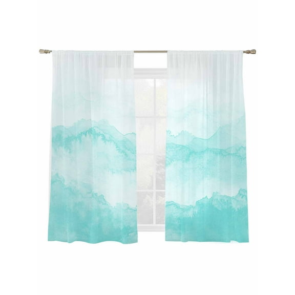 Aqua Mountain Gradient Sheer Curtains 63 Inch Long 2 Panels, Watercolor Texture Abstract Art Light Filtering Rod Pocket Semi Sheer Curtains, Sheer Voile Drapes for Living Room Bedroom, 52"x63"