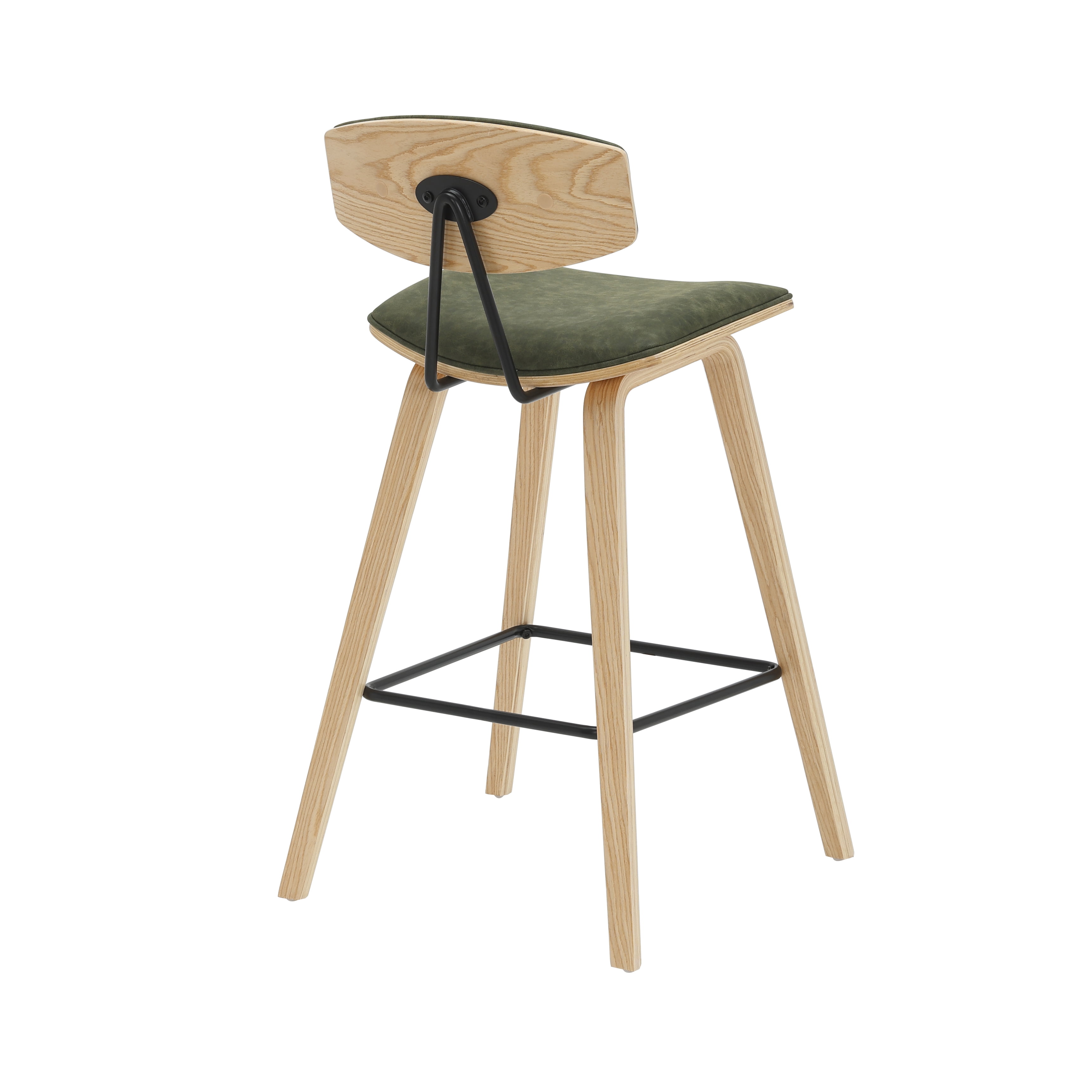 Fox 36 in. H Counter Height Vintage Green Curved Back Wood Bar Stool with Faux Leather Seat
