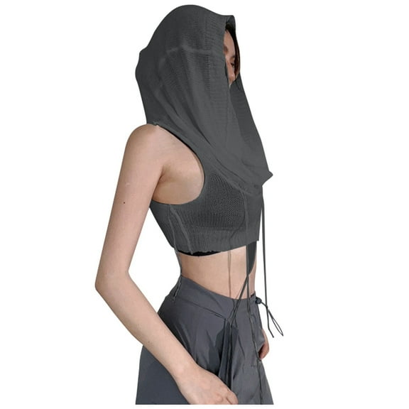 Women's Fashion Hooded Sleeveless Crop Knit Sweater Soft Comfortable Casual Solid Color Pullover Top for Fall Winter