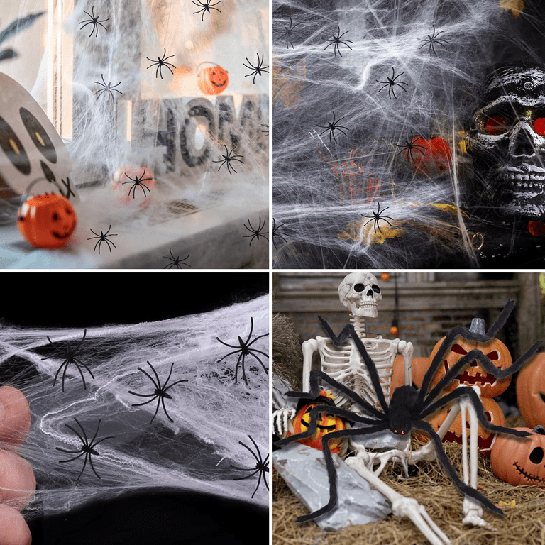 Halloween Spider Decorations, Aitey Halloween Scary Giant Spider Set with 4  Large Fake Spider, Spider Web, 20 Small Plastic Spiders, Cobwebs for