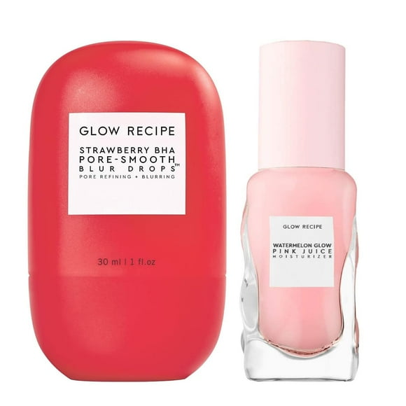 Glow Recipe Blur + Smooth Duo - Strawberry BHA Pore Smooth Blur Drops (30 ml) + Watermelon Pink Juice Moisturizer (25 ml) - Travel Size Skincare for Glowing Skin