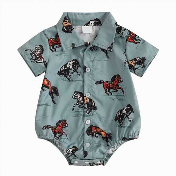 Leey-World Newborn Infant Western Baby Boy Clothes Cowboy Button Down Dress Shirt Bubble Romper Bodysuit Country Style Outfit(Blue,0-3 Months)