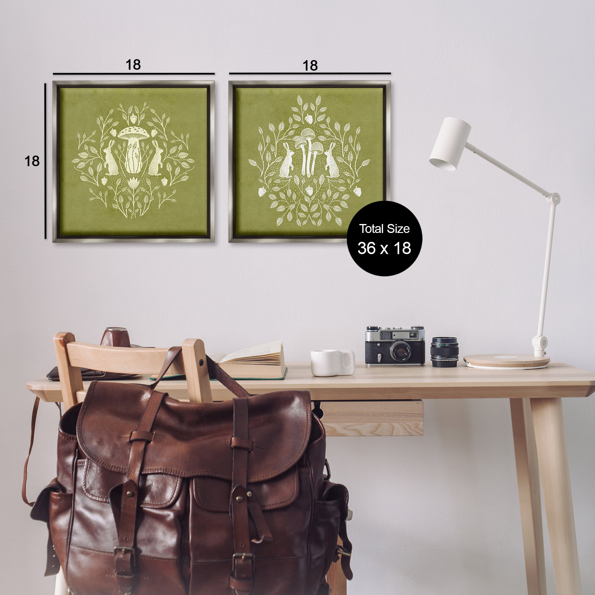 Stupell Industries Boho Bunnies & Mushrooms Animals Painting Gray Floater Framed Canvas Art Print Wall Art, 18 x 18, Set of 2
