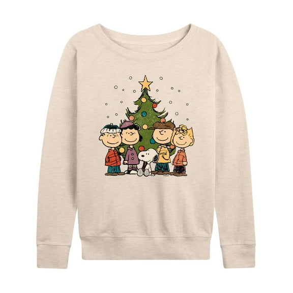 Women's Peanuts Christmas Group Lightweight French Terry Sweatshirt Color: Beige Size: MEDIUM