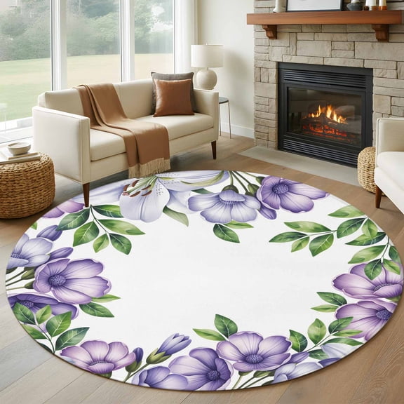 Round Area Rug 6 Ft, Purple Flowers Washable Non-Slip Circle Carpet for Living Room/Bedroom, Spring Watercolor Floral Leaves Plants Low-Profile Indoor Mats Collection Rugs for Residential