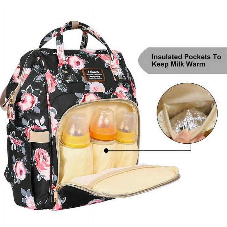 Lokass Waterproof Peony Mummy Diaper Bag Backpack with Bottle Warmer Large Capacity Changing Pad Maternity Travel Nappy Bags