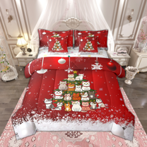 Manfei Kids Funny Cat Twin Bedding Sets 7 Pieces, Kitten Christmas Tree Bedding Comforter Set, Red New Year Gifts Sheet Sets, Lightweight Room Decor