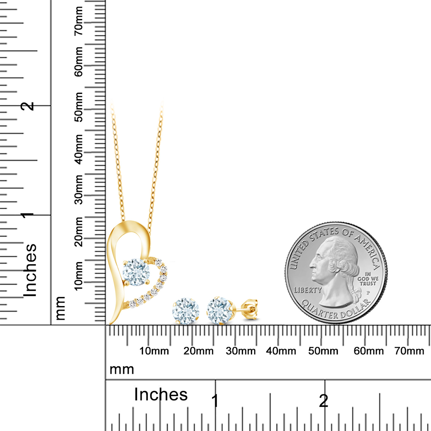 Gem Stone King 18K Yellow Gold Plated Silver Sky Blue Aquamarine Pendant and Earrings Jewelry Set for Women (2.57 Cttw, Gemstone March Birthstone, Round 6MM)