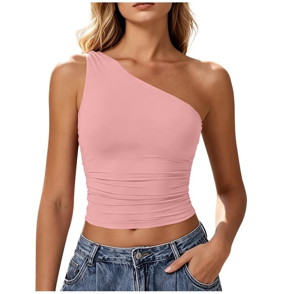 FNFYFH Womens Sleeveless One Shoulder Tank Tops Ruched Slim Fit Shirts Basic Crop Y2k Tops 2026 Spring Fashion Clothing