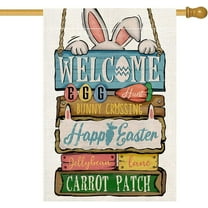 Happy Easter Bunny House Flag 28 x 40 Inch Welcome Easter Decorative Double Sided Burlap Flag for Spring Easter Outdoor Decoration