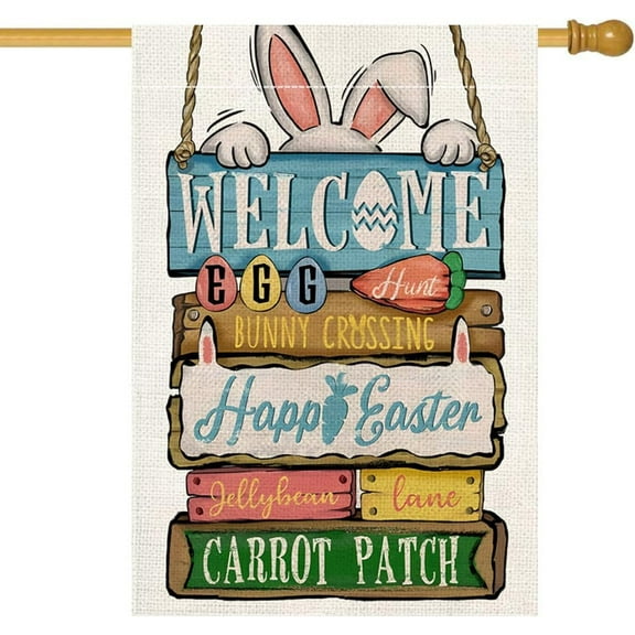 Happy Easter Bunny House Flag 28 x 40 Inch Welcome Easter Decorative Double Sided Burlap Flag for Spring Easter Outdoor Decoration