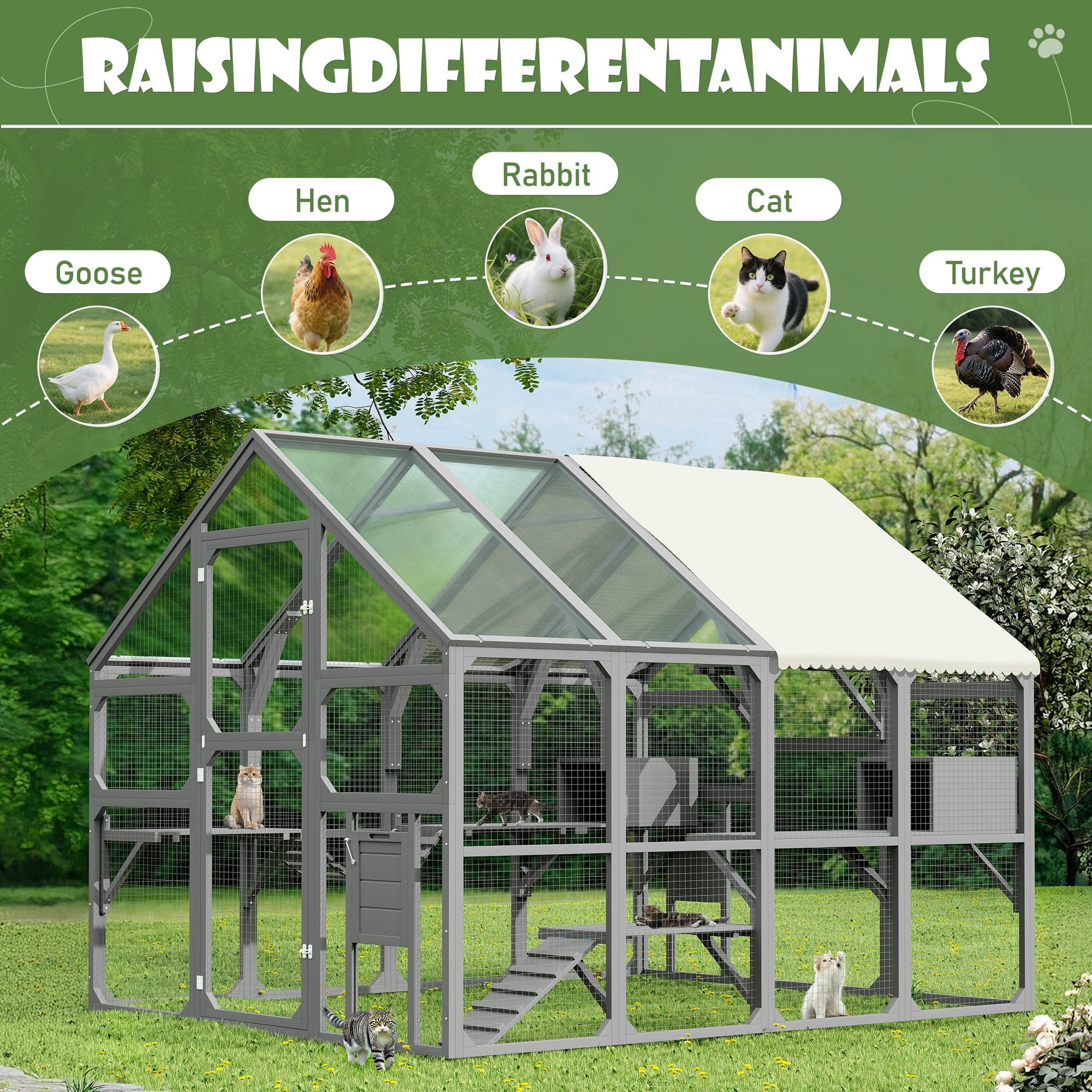 Large Catio Outdoor Cat Enclosure for Multiple Cats, Wooden Cat House with 7 Platforms, 2 Resting Boxes, 1 Bridge and 1 Ramp, Walk in Kitty Cage with Sunshine Board Roof